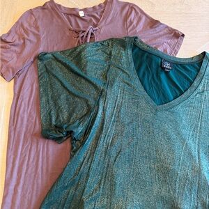 Metallic Gold and Teal Green V-Neck Short Sleeve Top and dark lavender tunic top